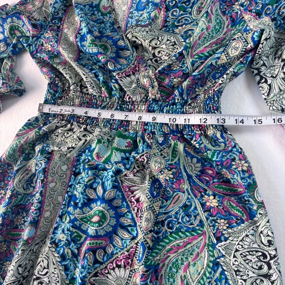 Boho Paisley Print V-Neck Maxi Dress Blue Purple Smocked Waist Tiered - Picture 11 of 12